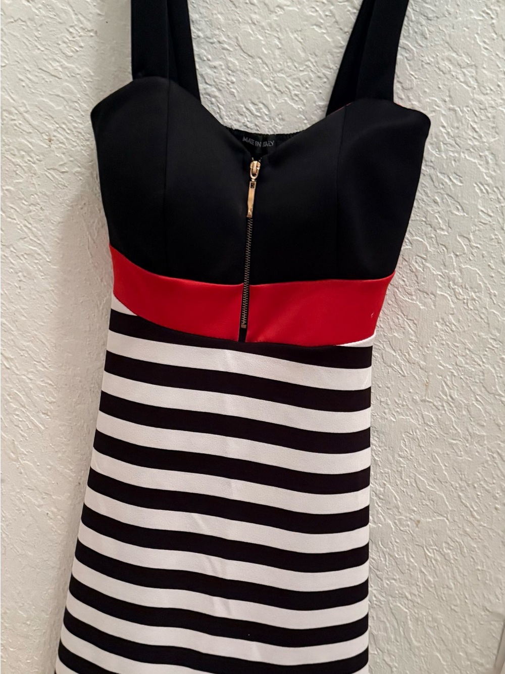 Stunning Black Red and White Striped Midi Dress with Sweetheart Neckline